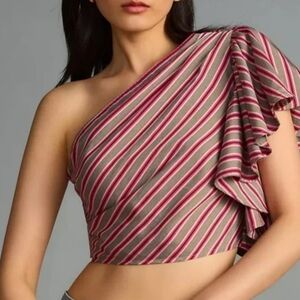NEW Anthropologie Maeve One Shoulder Ruffle Striped Blouse